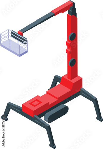 Red and gray spider lift crane with a basket, isolated on white background, for construction and maintenance work