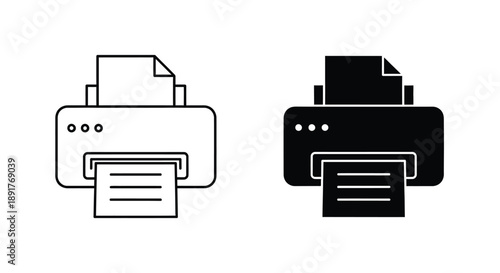 Two printer icons are side by side: the left one is outlined, while the right one is filled in black. Both show paper coming out, symbolizing printing.