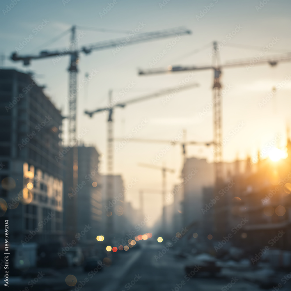 Fototapeta premium Dynamic blurred cityscape at dawn with multiple towering construction cranes shaping new urban horizons and future development