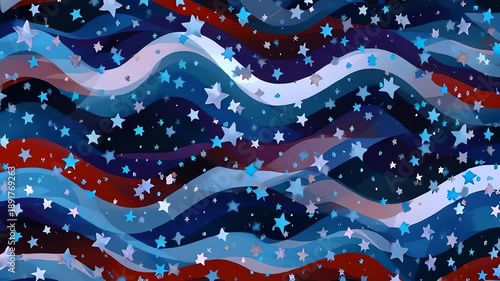 Dynamic abstract background with red white blue wavy stripes and glittering stars for festive celebration events