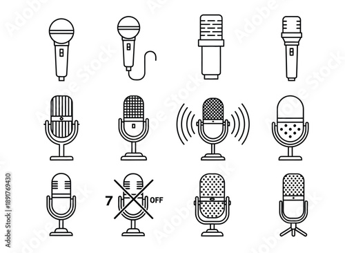 Twelve black and white microphone icons are displayed in a grid, each with a unique design. One icon is crossed out with "7" and "OFF," indicating muting.
