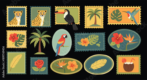 Tropical travel postage stamp set with cheetah toucan macaw hummingbird palm trees hibiscus flowers and exotic coconut cocktail in flat vintage style