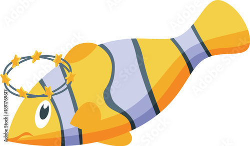 Yellow fish with a halo of stars, symbolizing spirituality, divinity, and religious concepts