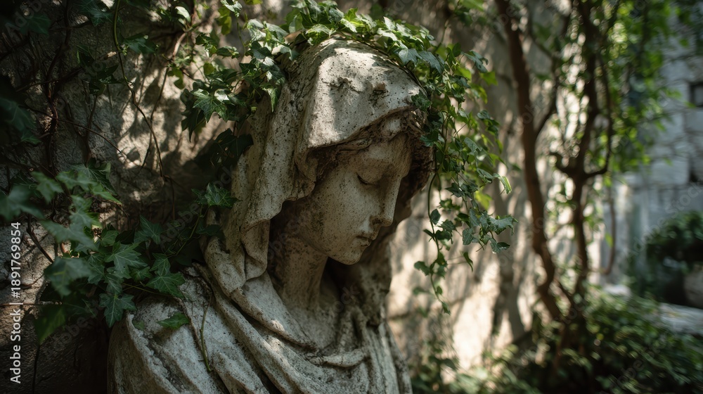 Obraz premium Weathered Stone Statue of a Woman with Drapery, Antique Sculpture, Detail of Ancient Artwork, Historical Garden Ornament.
