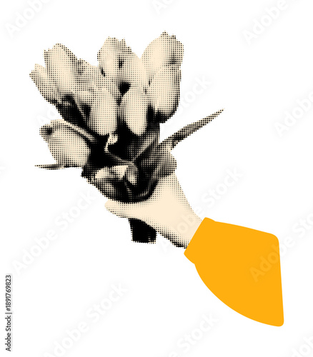 Female hand holding spring flowers. Halftone tulips bouquet. Modern retro vector illustration for collage and scrapbook mixed media design isolated on transparent background