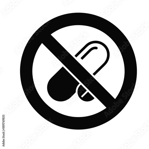 Black and white prohibition sign over two pills, symbolizing no drugs, medication, or pharmaceutical use.