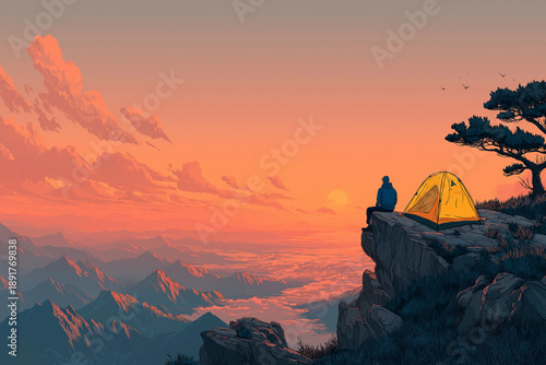Solo camper enjoys the sunset from atop a mountain peak, a peaceful moment of solitude amidst a colorful landscape.