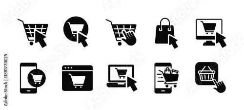 Online shopping and e-commerce icons illustrating digital purchasing process, including computer, laptop, smartphone, cart interaction, and browsing web pages for digital stores.
