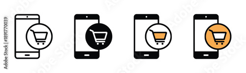 Online shopping icons set showing smartphone with shopping cart in various styles, representing e-commerce, digital retail, mobile commerce and buying online, modern technology concept