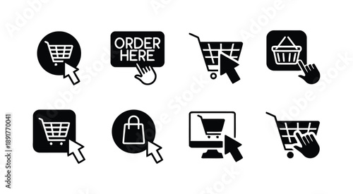 Online shopping icons with shopping carts, bags, cursors, and buttons, representing e-commerce actions like adding to cart, ordering, and checkout with black and white graphics