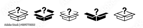Open box icons with question marks, symbolizing mystery, surprise, or unknown content in various perspectives and fill styles for conceptual applications