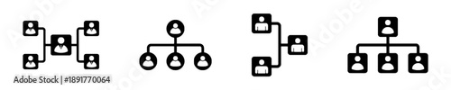 Organizational chart icons showing hierarchical structures with people symbols and connecting lines, illustrating business relationships and team management, simple flat design