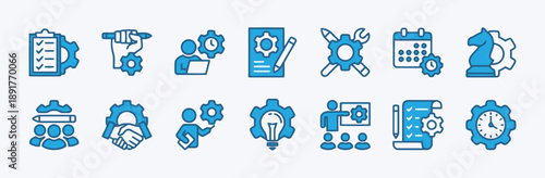 Operational efficiency and process management icons in blue featuring gears checklists planning tools and teamwork for streamlined task execution