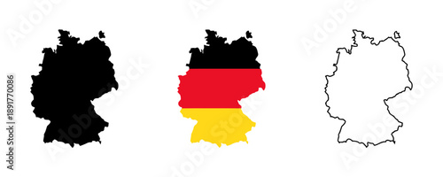 Outline and filled silhouette of Germany map, national flag of Germany with black red and yellow stripes, representing country outline and national identity