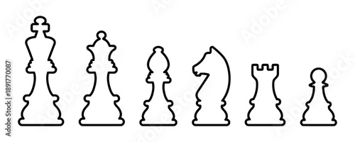 Outline icons of chess pieces including king queen bishop knight rook and pawn arranged in order of hierarchy isolated on white background business strategy game concept