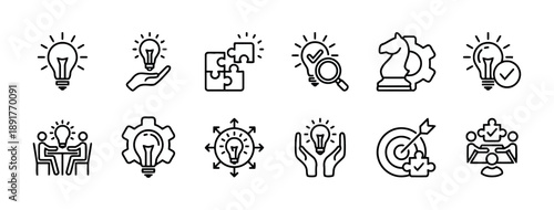 Outline icons for business strategy and innovation, featuring light bulbs, puzzle pieces, chess pieces, magnifying glass, targets, and teamwork for creative thinking and planning