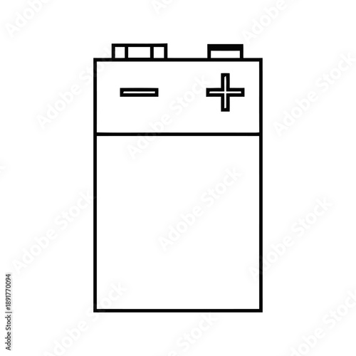 Outline icon of a 9-volt battery with positive and negative terminals clearly marked on white background, symbolizing power and energy.