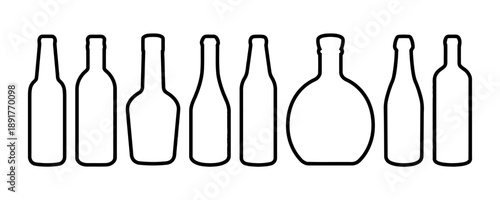 Outline illustrations of various bottle shapes and sizes, including wine bottles, spirits bottles, and round flasks, for beverage and container concepts