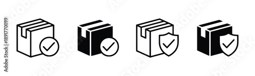 Package and delivery icons with checkmarks and shields, signifying secure shipping handling and successful parcel dispatch for logistics services