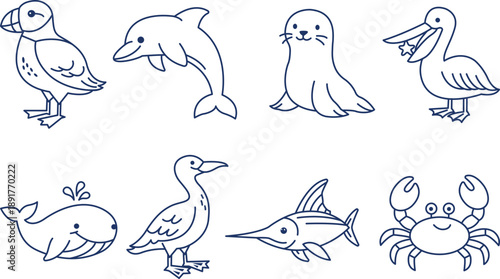 Set of 8 animal creatures. dolphin, whale, swordfish, crab, fur seal, pelican, puffin bird, cormorant. Line art icons on white background. Outline vector illustration