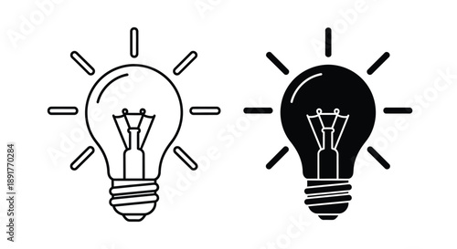 Two light bulb icons side by side; the left icon is outlined and white, while the right is filled in black. Both depict glowing light bulbs, symbolizing ideas.
