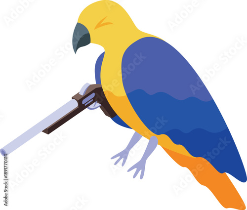 Colorful parrot holding shotgun in claws, representing aggressive behavior or illegal pet trade, in isometric view