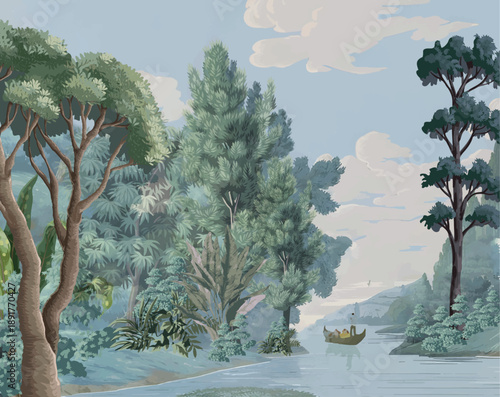 
Mughal forest garden with Dome, Birds, plant and botanical tree landscape illustration pattern, Mughal Wall Mural.