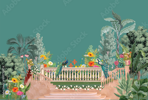 Traditional Mughal in garden, swan, bird vector illustration seamless pattern for wallpaper