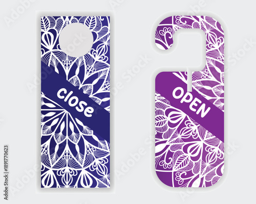 Modern office open close door sign with elegant ornamental background