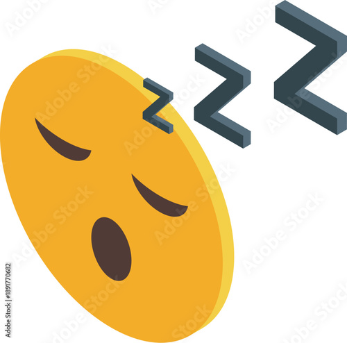 Yellow sleeping emoticon yawning with closed eyes and zzz over its head, isometric view