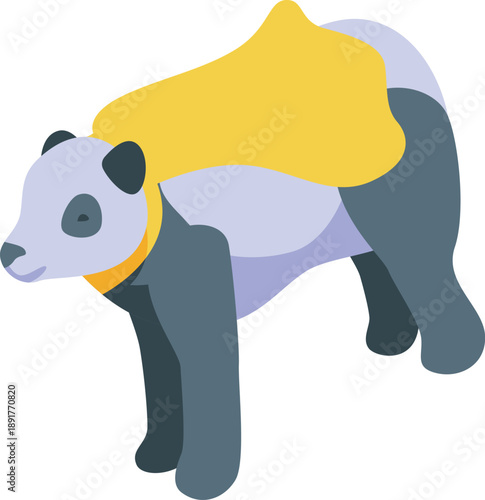 Cartoon panda wearing superhero cape standing protecting wildlife and endangered species, isometric vector illustration
