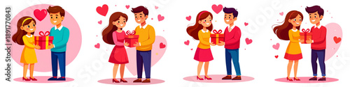 Set of Vector Illustrations of Boyfriend and Girlfriend Giving a Gift to Each Other, Symbolizing Romance, Love, Care, Surprise and Valentine’s Day Relationship Moments, ideal for Valentine’s posters.