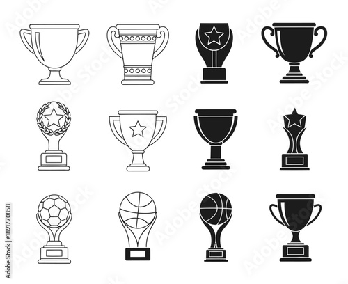 Grid of 12 trophy icons in black and white. Designs vary, including cups, stars, laurel wreaths, and balls, representing achievements and awards.