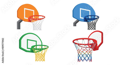 Four colorful basketball hoops displayed on a plain white background