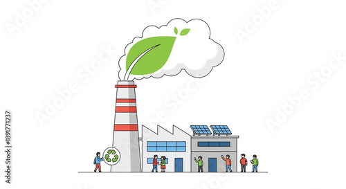 Factory with solar panels and a leaf emerging from smokestack clouds