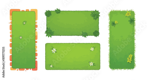 IAerial view of three green grass patches with trees and flowers