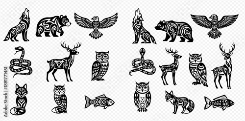 Set of tribal style animal illustrations including wolf, bear, eagle, snake, deer, owl, fox, and fish with intricate patterns.