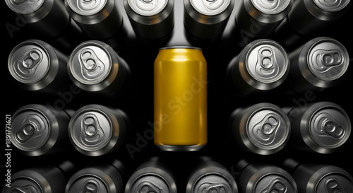 Golden aluminum can standing out among silver cans in a circle on a dark background