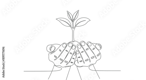 Hands cradling a small plant sprout in a minimalist line drawing