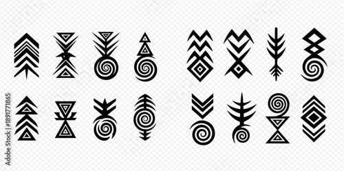 Set of diverse tribal symbols and ethnic patterns in black and white, featuring spirals, arrows, and geometric shapes, ideal for design elements.