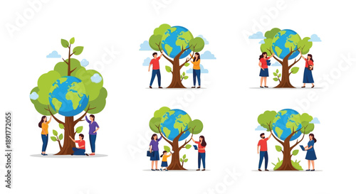 IPeople nurturing globe shaped trees symbolizing environmental care and growth