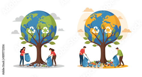 Two globes represented as trees showing environmental impact and cleanup efforts