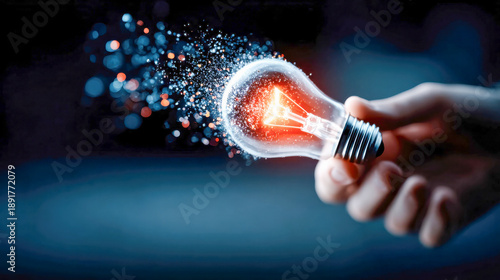 Hand holding a glowing light bulb made of particles, creative idea and innovation concept with cinematic bokeh