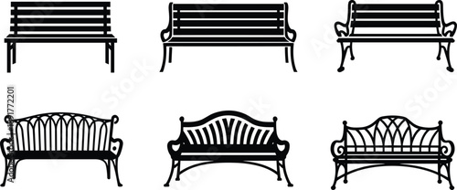 Park bench silhouette collection, outdoor garden seating furniture set, classic iron wooden benches illustration, black minimalist public space design
