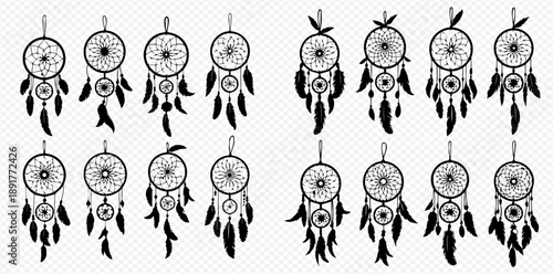 Collection of black and white dreamcatchers with feathers and beads, traditional Native American symbols for protection and good dreams.