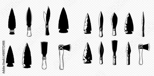 Set of ancient stone tools, arrowheads, knives, and axes from primitive cultures, isolated on a transparent background.