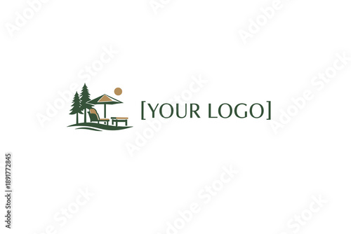 Nature lodge logo template with cabin, trees and sun, minimal vector illustration for eco tourism, camping, resort branding, outdoor recreation and hospitality design