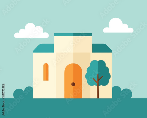 A cartoon house with a tree isolated on transparent background