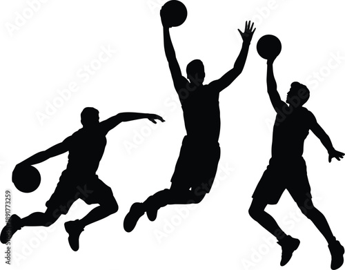 Professional Basketball Player Silhouette Collection Featuring Athletes Dunking Jumping Dribbling and Scoring Action Poses for Sports Competition and Fitness Designs