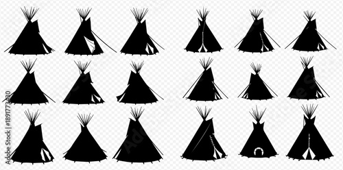 Collection of Black Tipi Silhouettes on Transparent Background.
